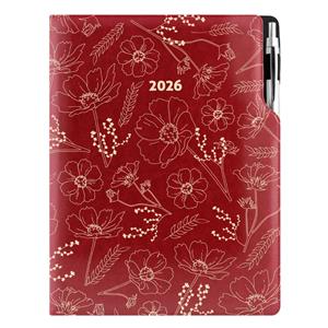 Diář DESIGN denní A4 2026 - bordó - Květiny