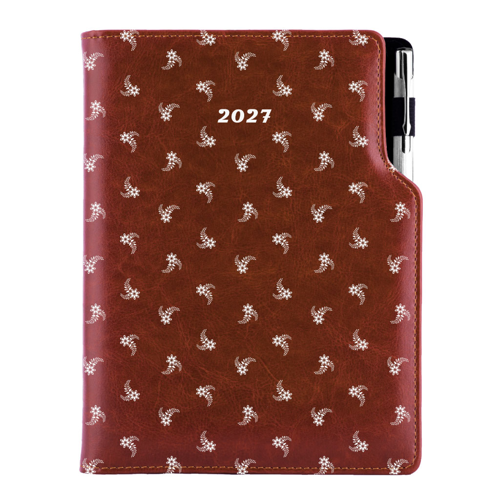 Diář DESIGN tydenní B5 2027 - hnědá - Bílý květ