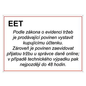 EET Elektronická evidence tržeb - bezpečnostní tabulka, plast s dírkami 2 mm, A4