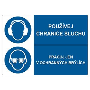 POUŽÍVEJ CHRÁNIČE SLUCHU - PRACUJ JEN V OCHRANNÝCH BRÝLÍCH, KOMBINACE, plast 2 mm s dírkami A4