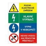 POZOR ELEKTRICKÉ ZAŘÍZENÍ - HLAVNÍ VYPÍNAČ - VYPNI V NEBEZPEČÍ - NEHAS VODOU ANI PĚNOVÝMI PŘÍSTROJI, plast 2 mm 210x297