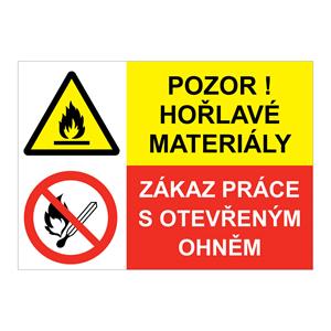 Pozor na hořlavé materiály - zákaz práce s otevřeným ohněm, kombinace, samolepka a4