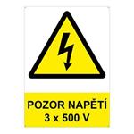POZOR - napětí 3 x 500 V ! - bezpečnostní tabulka s dírkami, plast 2 mm, A4